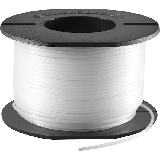 A spool of white trimmer line wound around a black plastic reel.