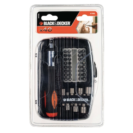 BLACK+DECKER A7062 screwdriver and bit set, 40-piece kit in blister packaging, photo shows contents on white background.