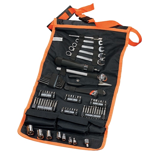 A BLACK+DECKER tool roll kit featuring a variety of hand tools and accessories, including wrenches, screwdrivers, sockets, bits, and extensions, organized neatly in a black and orange fabric roll with multiple compartments.