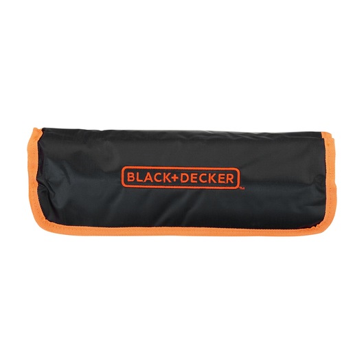 A BLACK+DECKER branded black and orange soft carrying case, designed for holding tools or accessories.