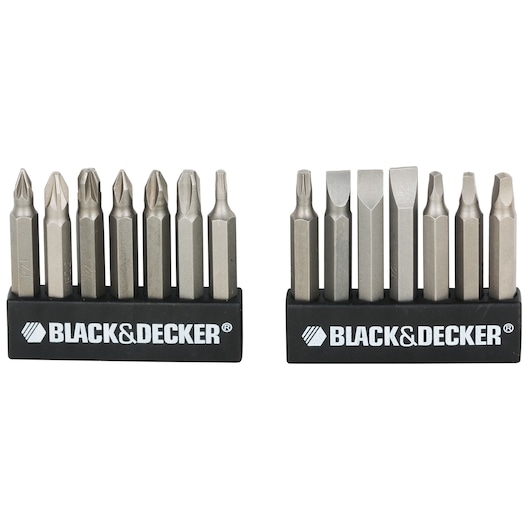 BLACK+DECKER A7073-IN screwdriver bits set with ten silver bits in two black holders, front view on white background.