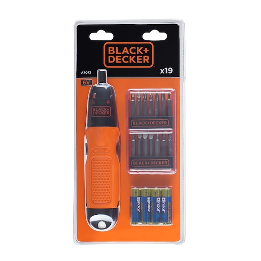 BLACK+DECKER A7073 cordless screwdriver kit with orange handle, 10 bits, and 4 AA batteries in retail packaging, front view.