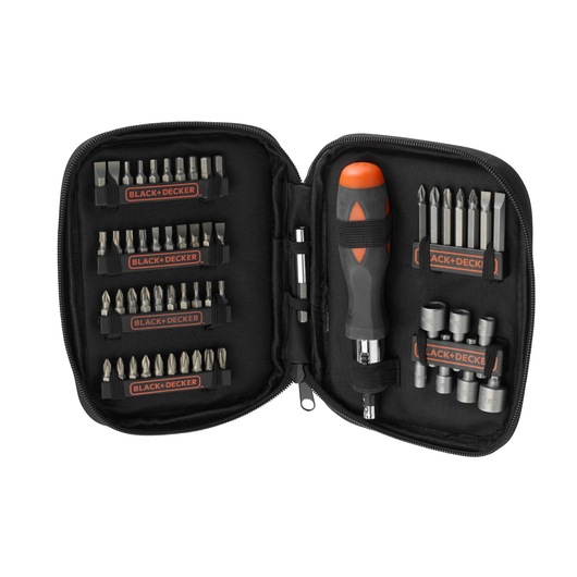 BLACKDECKER screwdriver and bit set A7104 in a zippered black case, photo from front angle.