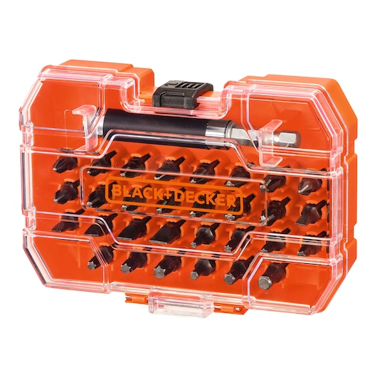 BLACK+DECKER A7228 screwdriver bit set in orange clear plastic case, front angle.