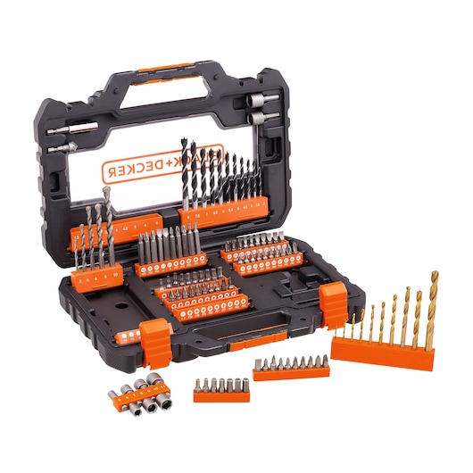 BLACKDECKER drill and bit set A7230 in open black and orange case, front angle, showing assorted bits.