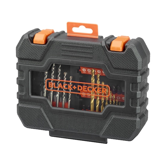 BLACK+DECKER A7232 drill and screwdriver bit set in a black plastic case with orange latches, front angle.