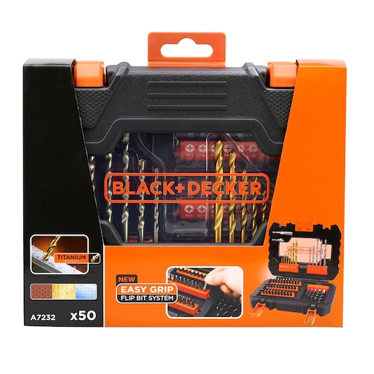 BLACK+DECKER A7232 drill and screwdriver bit set, 50-piece titanium kit in black case, front angle with packaging.