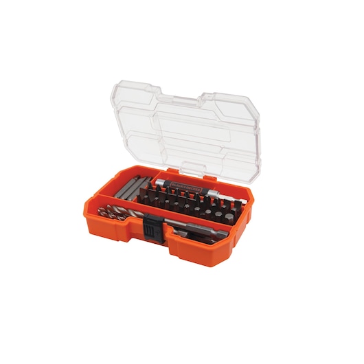 BLACKDECKER A7234 orange bit set with clear lid, front angle, assorted drill bits and accessories.