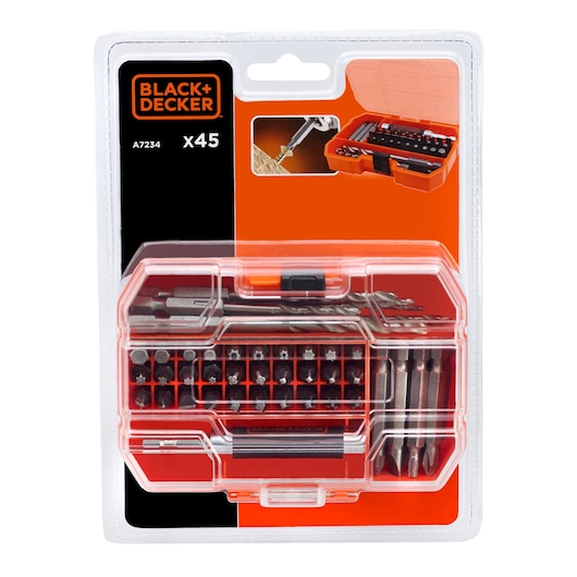 BLACK+DECKER A7234 drill and screwdriver bit set, 45 pieces, in transparent plastic case, front angle.