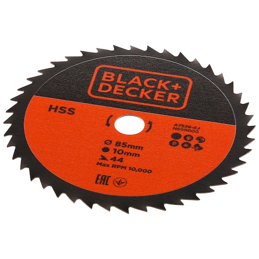 Close-up of a BLACK+DECKER circular saw blade, marked with product information including A7526-XJ, HSS, 85mm diameter, 10mm bore, 44 teeth, max RPM 10,000. The blade is black with an orange label segment.