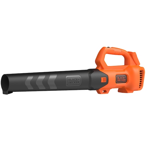 A BLACK+DECKER cordless leaf blower with an orange and black body, featuring a handle and a nozzle for directing airflow.