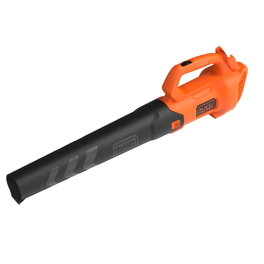 A BLACK+DECKER cordless leaf blower with an orange and black design, showing the handle and nozzle on a white background.