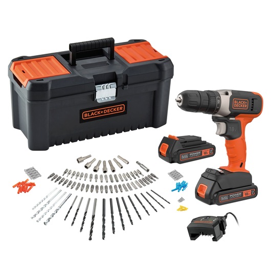 BLACK+DECKER cordless drill set with a black and orange toolbox, various drill bits, screw bits, wall plugs, two 18V battery packs, and a battery charger, all displayed on a white background.