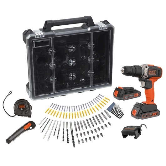 A BLACK+DECKER drill set including a cordless drill, two rechargeable batteries, battery charger, measuring tape, utility knife, drill bits, screwdriver bits, hex keys, screws, wall plugs, and a transparent hard plastic carrying case. All items are arranged neatly for display.