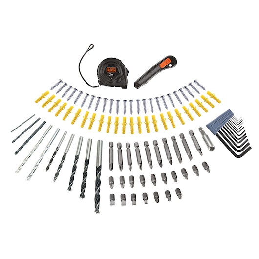 BLACK+DECKER BCD003D2AMB drill accessory set with bits, drill bits, anchors, screws, tape measure, utility knife, and hex keys, top-down view.