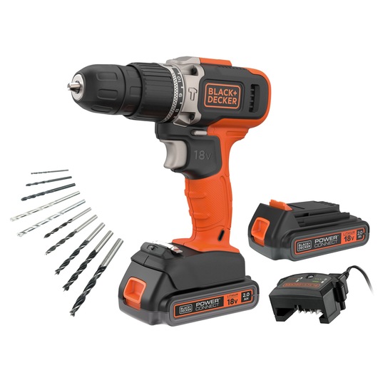 A BLACK+DECKER cordless drill set including an 18V orange and black drill, two battery packs, a charger, and a set of drill bits arranged to the side.