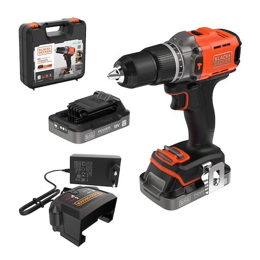 BLACK+DECKER BCD383D2XK cordless drill kit with 18V lithium battery, charger, and carrying case, front angle.