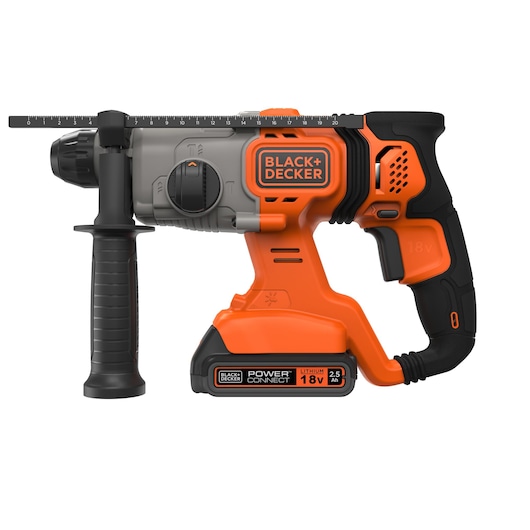 BLACKDECKER BCD900E2K cordless hammer drill, orange and black, side angle on white background.