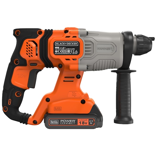 BLACKDECKER BCD900E2K cordless hammer drill, orange and black, side view, 18V lithium battery.