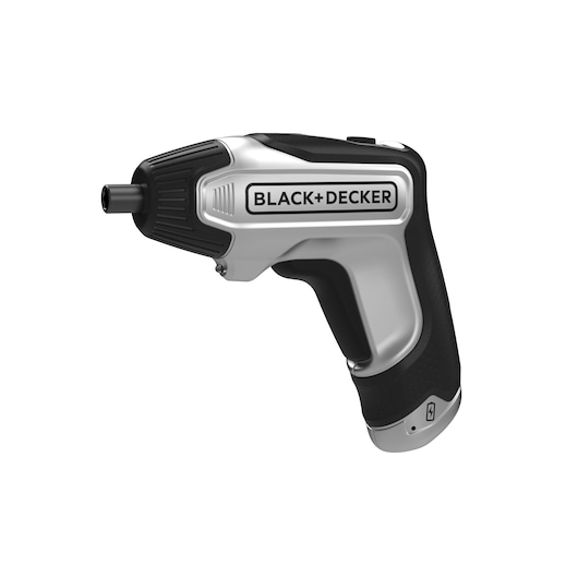 A BLACK+DECKER cordless electric screwdriver with a silver and black ergonomic handle, shown against a white background.