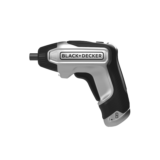 A BLACK+DECKER cordless electric screwdriver with a black and silver design, shown isolated on a white background.