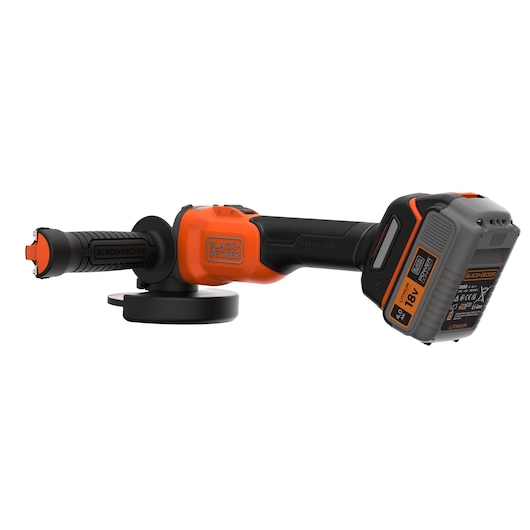 A BLACK+DECKER cordless angle grinder with an 18V lithium battery, featuring an orange and black design and ergonomic handle.