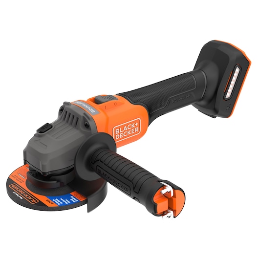 A BLACK+DECKER cordless angle grinder with an orange and black design, showing its handle, disc, and battery compartment.