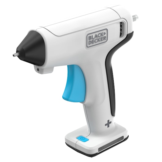 Photo of BLACK+DECKER BCGL115 cordless hot glue gun with white body, black nozzle, and blue trigger, front angle.