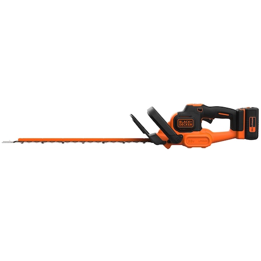 BLACK+DECKER cordless hedge trimmer with an orange and black body, featuring a 36V lithium battery and a long cutting blade.