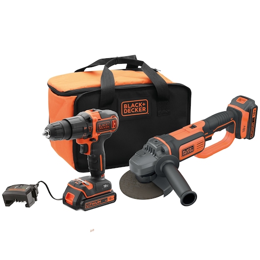 BLACK+DECKER tool kit including an orange and black carrying bag, cordless drill, angle grinder, lithium battery, and charger.