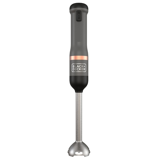 A BLACK+DECKER hand blender with a black and copper design and a stainless steel blending shaft, shown upright against a white background.