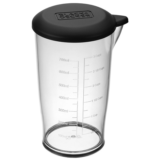 BLACK+DECKER BCKM1011KGF clear plastic measuring cup with black lid, side angle on white background.
