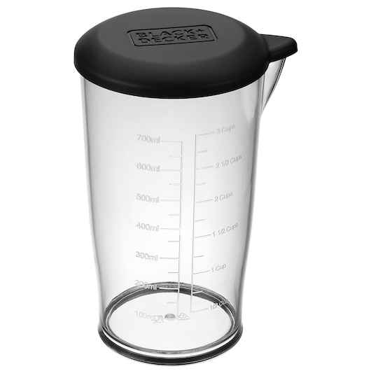 BLACK+DECKER BCKM1012KG clear plastic measuring jug with black lid, showing volume markings, front angle.