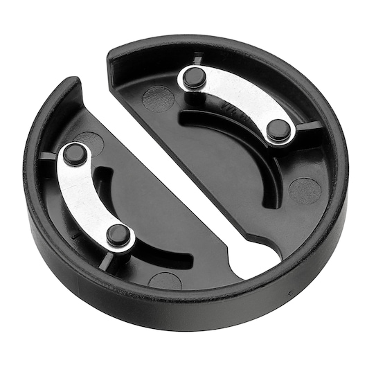 BLACKDECKER BCKM1016KSG round black plastic cutting tool accessory with two silver metal blades, top view.