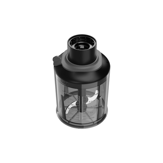 BLACKDECKER BCKM101FP food processor bowl with clear sides and measurement markings, top view.