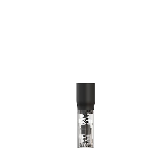 A BLACK+DECKER electric wine bottle opener with a transparent lower body and black top, showing the internal corkscrew mechanism.