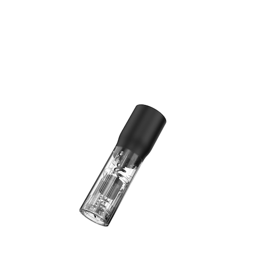 A BLACK+DECKER electric wine opener with a transparent lower body and black top, shown isolated on a white background.