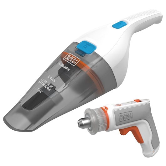 A product image showing a BLACK+DECKER handheld cordless vacuum cleaner and a compact cordless screwdriver, both in white and grey with orange accents.