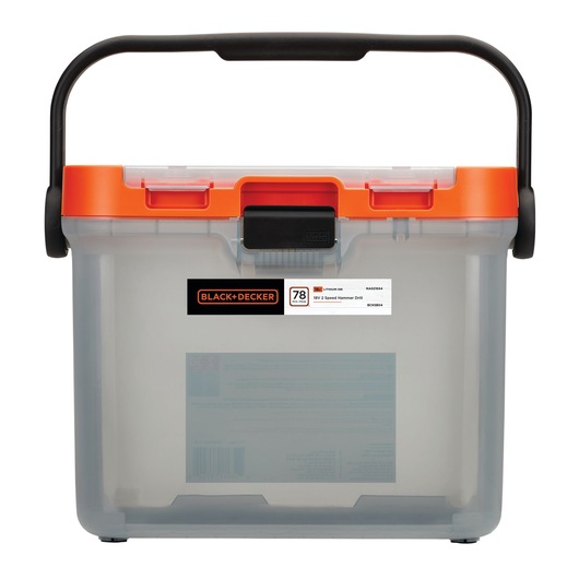 A transparent plastic storage box with an orange lid and black handle, branded BLACK+DECKER, viewed from the front.