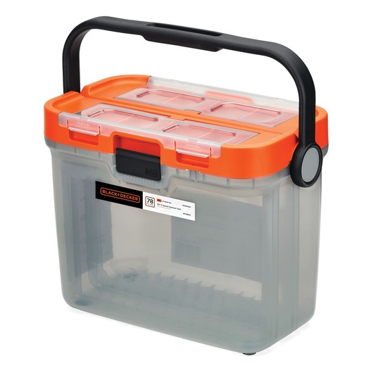 A transparent plastic storage box with an orange lid and a black handle, branded BLACK+DECKER, featuring multiple compartments on the lid.