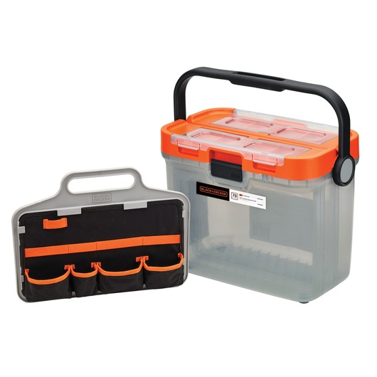 A BLACK+DECKER transparent plastic storage box with an orange lid and a black handle, accompanied by a removable organizer panel with multiple fabric pockets.