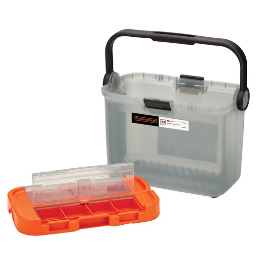 A BLACK+DECKER plastic storage box with a black handle and transparent body, shown with an orange compartmentalized organizer tray with a clear lid, placed in front.