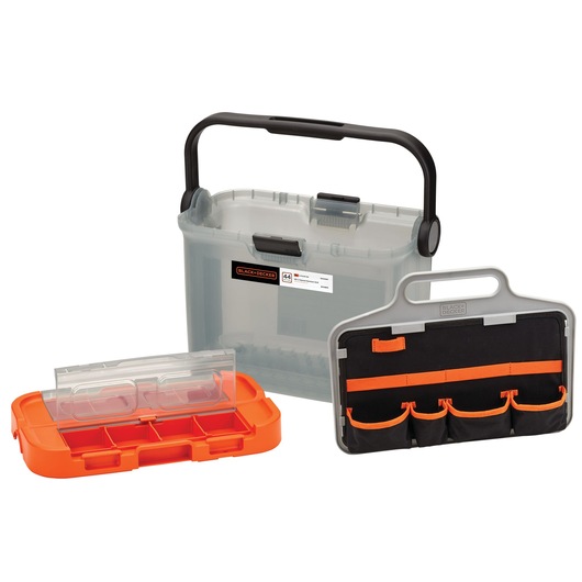 BLACK+DECKER plastic tool storage box set shown with a clear-lidded organizer tray and a portable fabric tool pouch featuring multiple pockets.