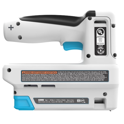 BLACKDECKER BCN115 cordless electric stapler side view, white and black body with blue accents, warning labels visible.