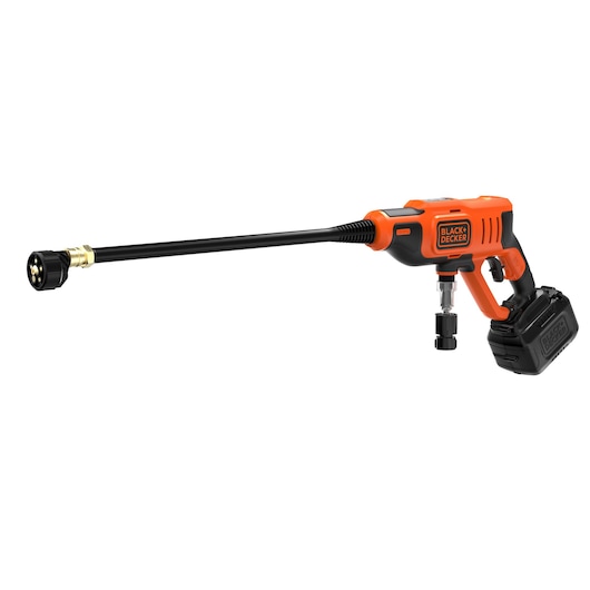 A BLACK+DECKER cordless pressure washer with an orange and black body, a long nozzle, and a detachable battery, shown on a white background.
