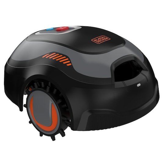A BLACK+DECKER branded robotic lawn mower with a sleek black and gray design, featuring prominent wheels and control buttons on top.