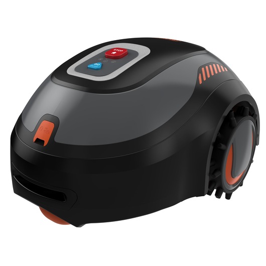A BLACK+DECKER robotic lawn mower with a sleek black and orange design, shown from a front angle. The mower features large wheels and two prominent buttons, a red 'STOP' button and a blue 'GO' button, on top of the device.