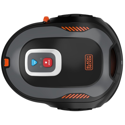 Top view of a BLACK+DECKER robotic lawn mower with black and grey body, orange accents, and control buttons labeled 'GO' and 'STOP' on the top panel.