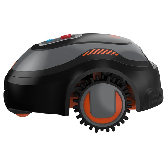 Side view of a black and orange robotic lawn mower with large wheels and control buttons on top.
