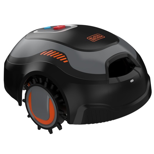 A BLACK+DECKER branded robotic lawn mower in black and gray with orange accents, featuring large side wheels and control buttons on top.